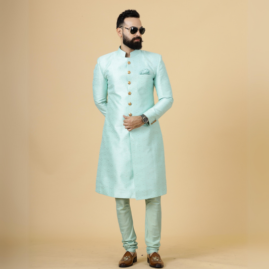 Regal Seafoam Banarasi Brocade Sherwani for Men | Father Son Combo | Perfect Groom Wear