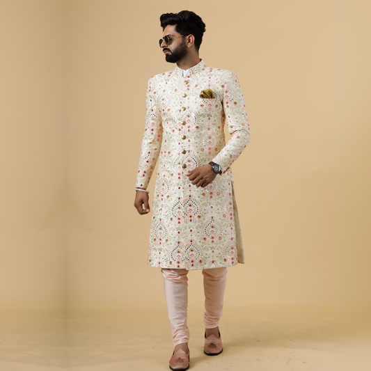 Alluring Beige Floral thread Embroidered Sherwani for Men | Father Son Combo | Perfect Groom Wear