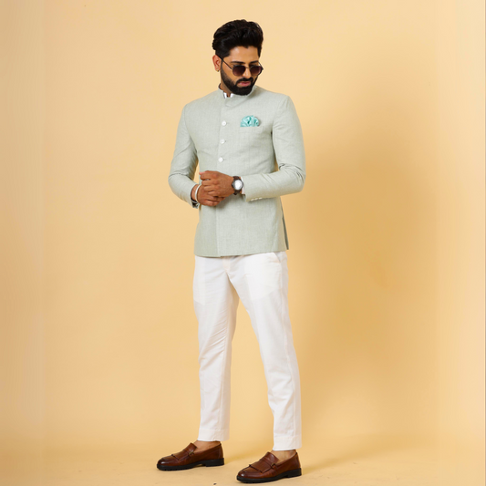 Bespoke Tea Green Linen Jodhpuri Bandhgala Suit For Men | White Trouser |