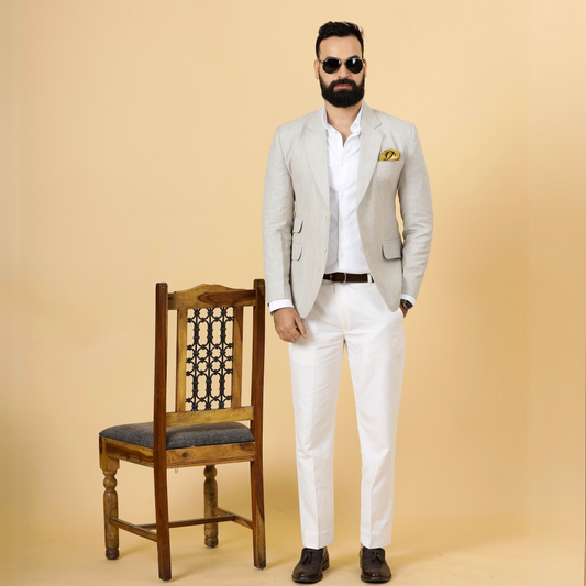 Classy Beige Linen 2-Piece Suit for Men | White Trouser |