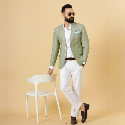 Classy Fern Green Linen 2-Piece Suit for Men | White Trouser |