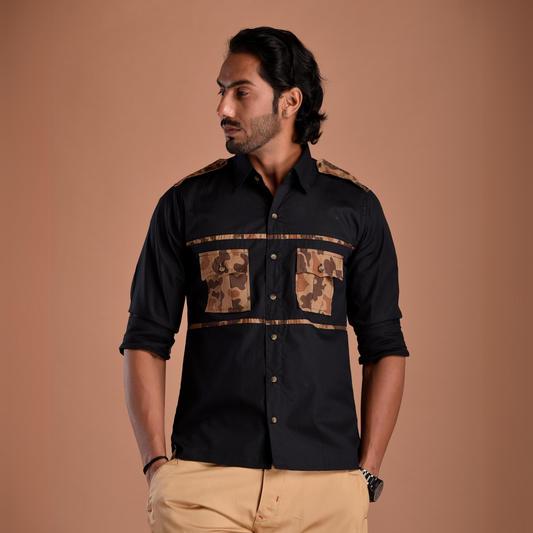 Classic Black Hunting Style Shirt with Camouflage pockets