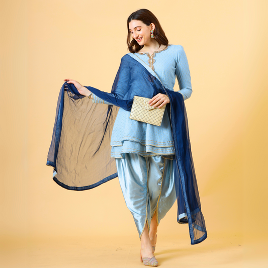 Alluring Powder Blue Brocade Silk Short Kurti with Tulip Pants