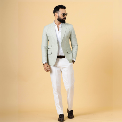 Classy Tea Green Linen 2-Piece Suit for Men | White Trouser |