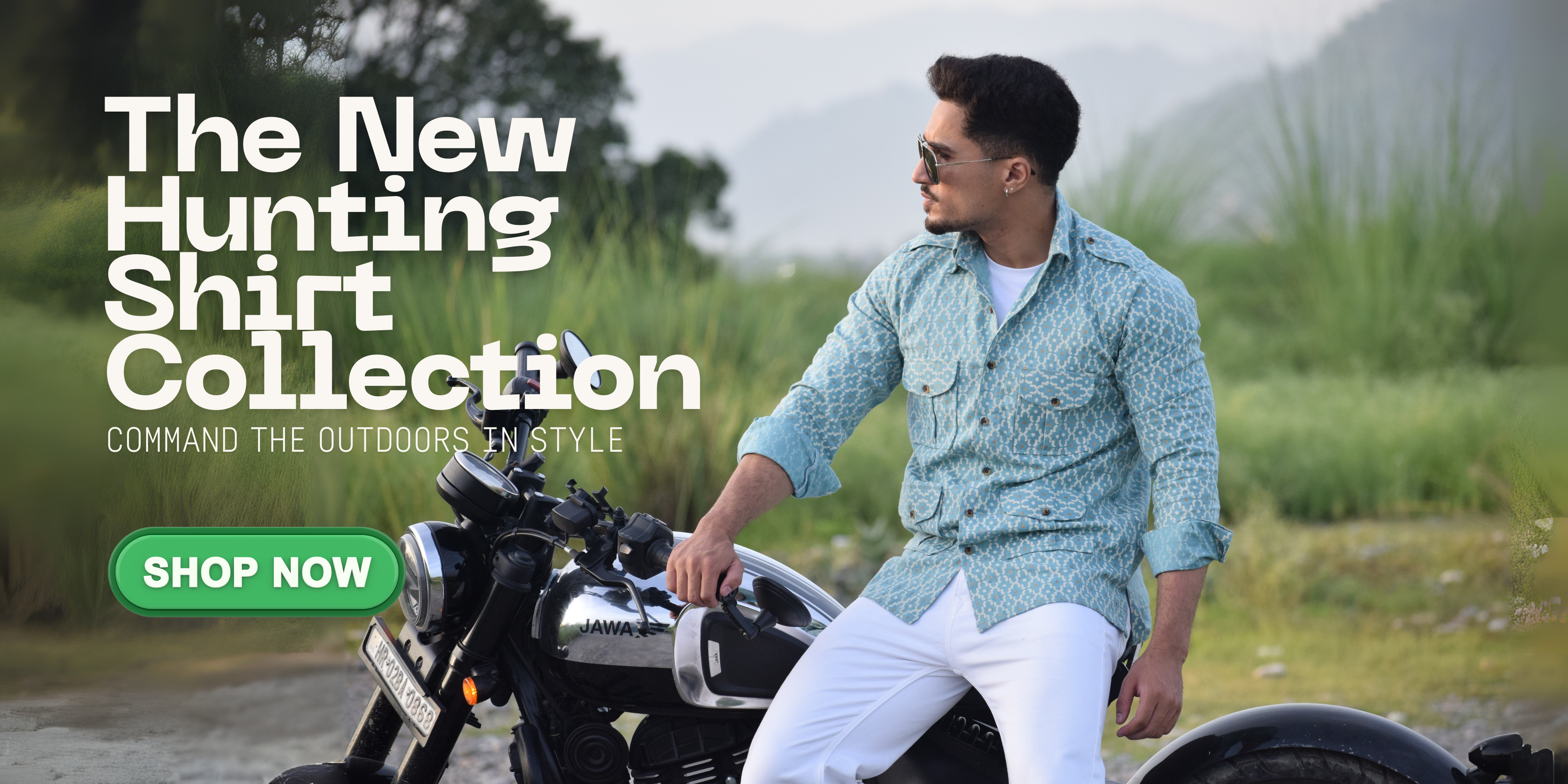Man sitting on a motorcycle with text about a new hunting shirt collection.