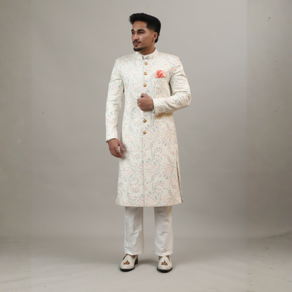Ivory Maharaja-Inspired Jacquard Sherwani with All-Over Royal Motifs