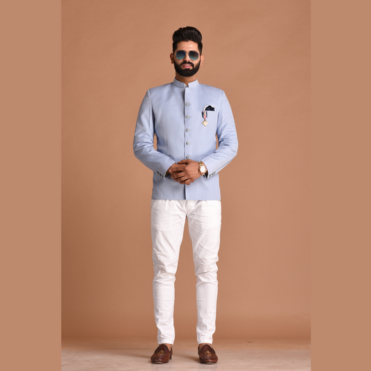 Stunning Powder Blue Jodhpuri Bandhgala with White Trouser