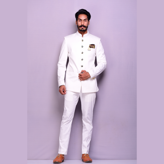 Custom-Tailored Classic White Royal Jodhpuri Bandhgala