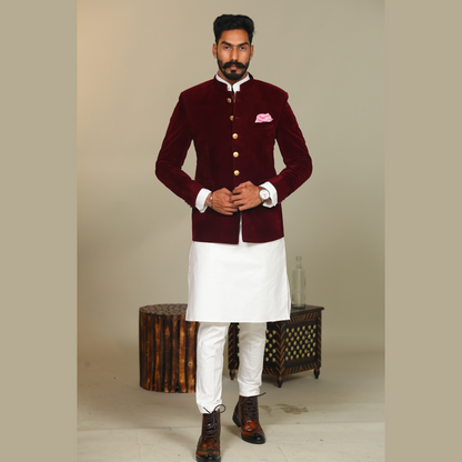 Maroon  Color Velvet Blazer With White Kurta Pajama Set