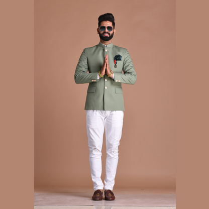 Moss Green Bandhgala Jodhpuri Designer Blazer With White Trouser