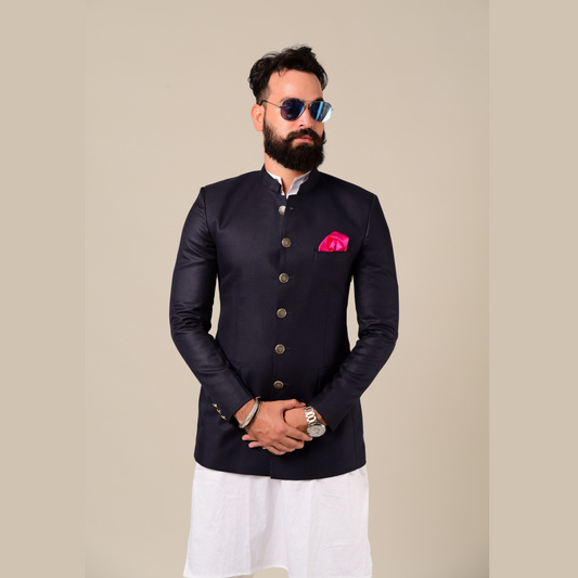 Navy Blue Indian Bandhgala Jodhpuri Blazer with Kurta Pajama Set,