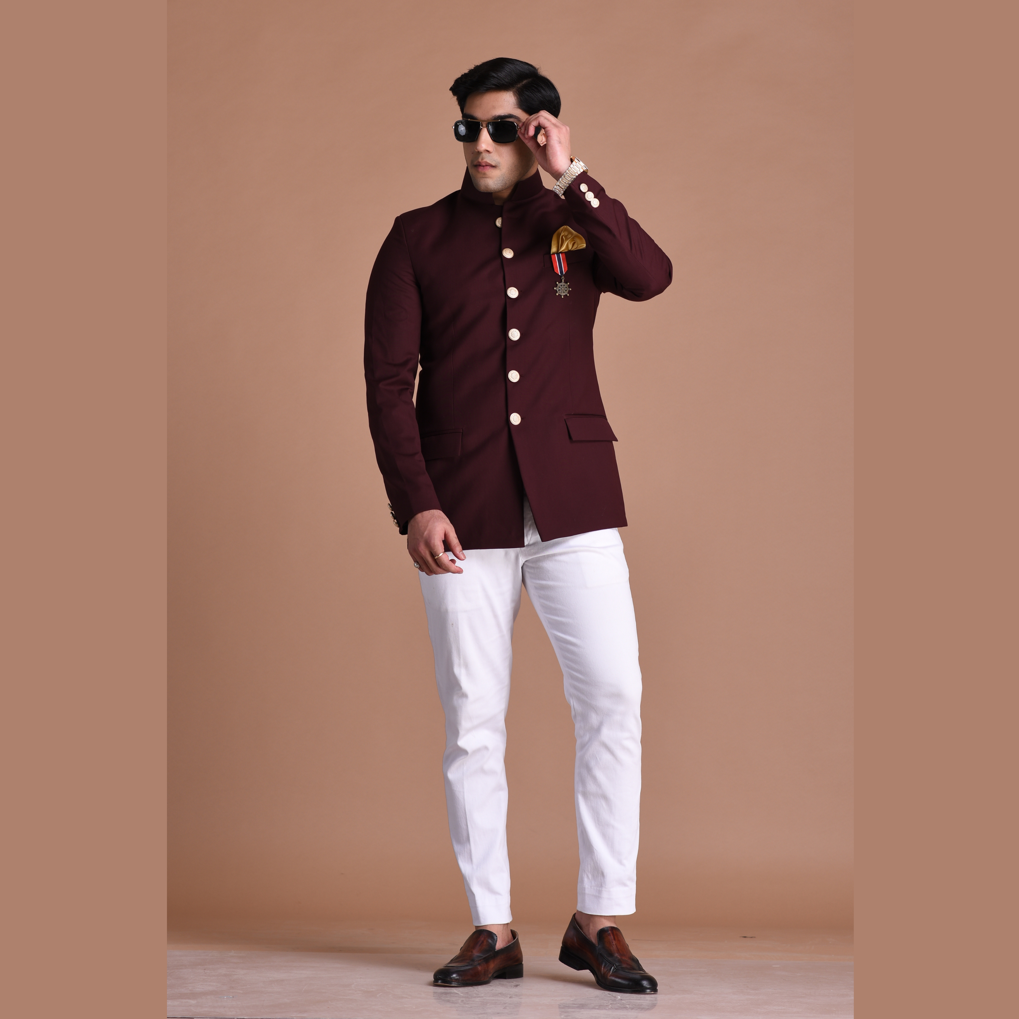 Wine Jodhpuri Bandhgala Designer Blazer with White Trouser – Rajanyas
