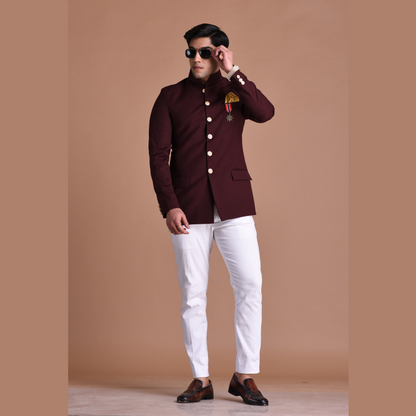 Wine Jodhpuri Bandhgala Designer Blazer with White Trouser