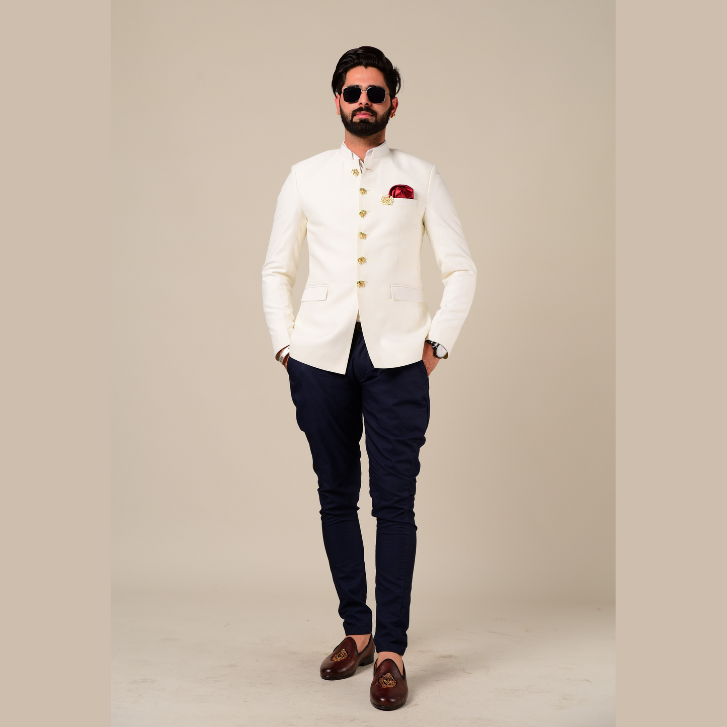White Elephant Button Bandhgala Blazer with Navy Blue Trouser