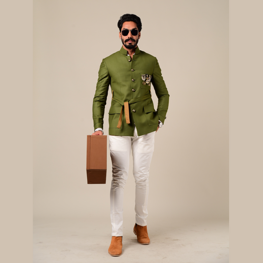 Olive Green Belted Royal Jodhpuri Bandhgala Suit