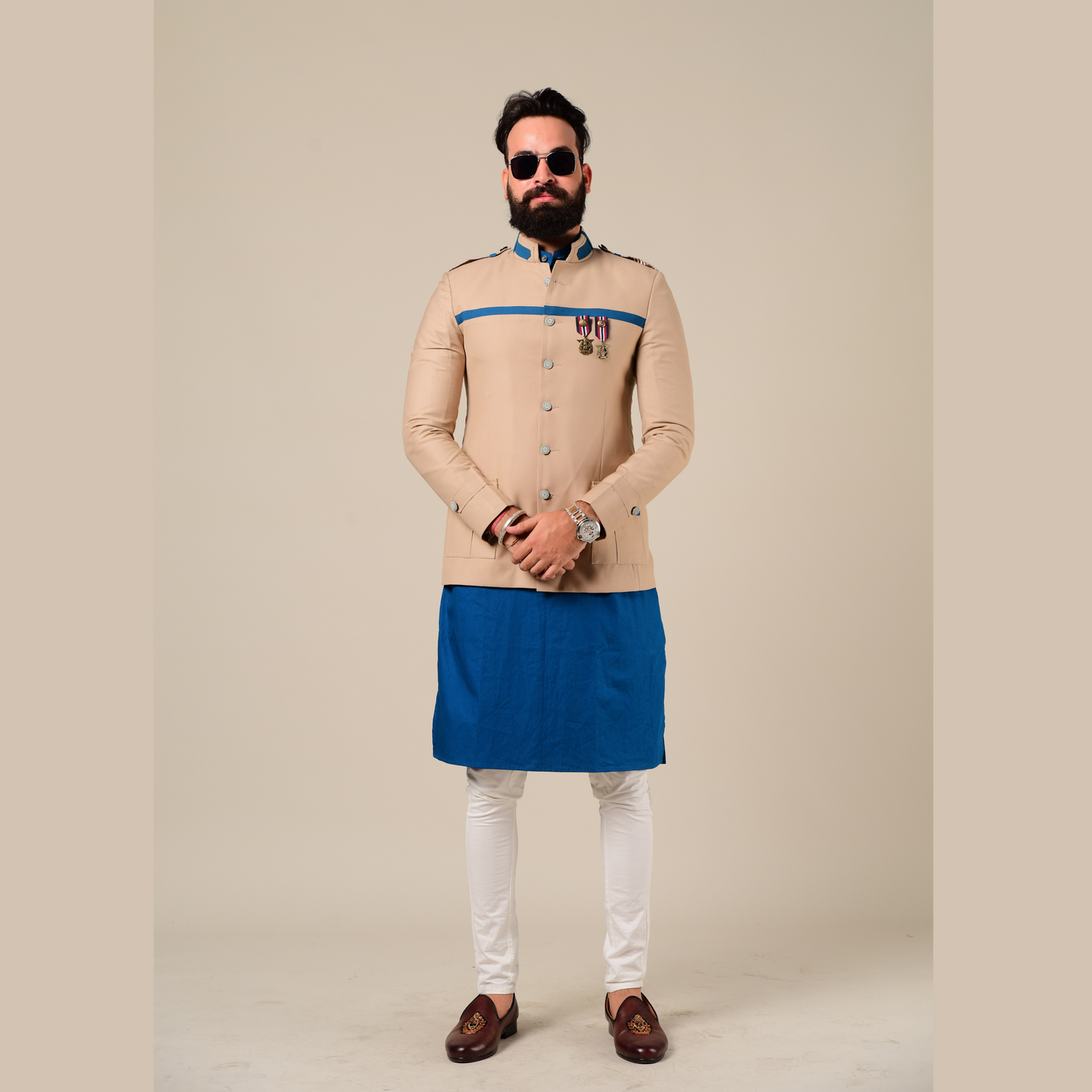 Fawn & Cerulean Color Bandhgala Jacket With Kurta Pajama Set