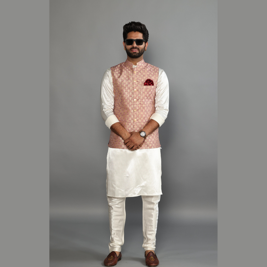Banarasi Brocade Embroidered Nehru Jacket With Off White Silk Kurta Payjama-Handcrafted