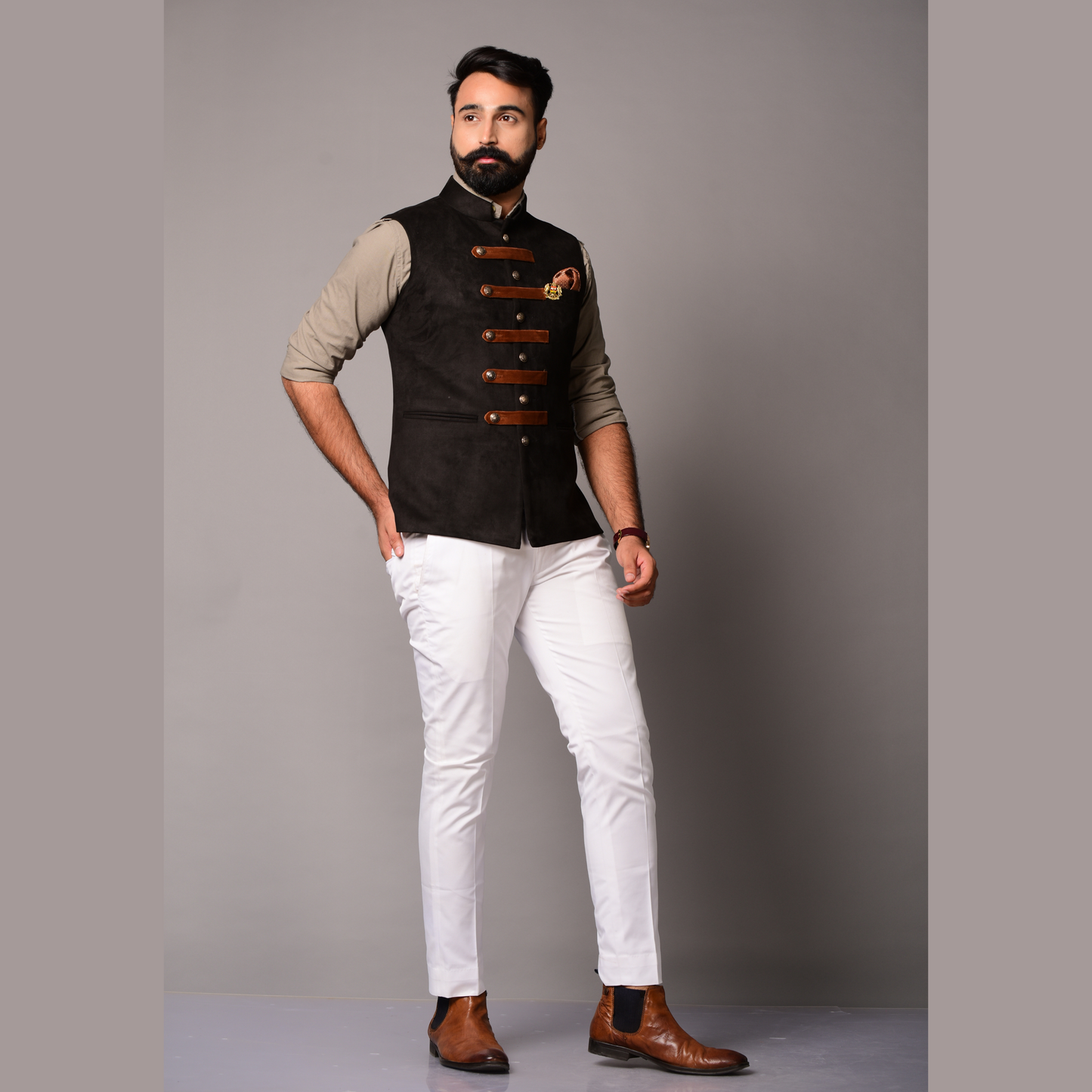 Black Suede Leather Cross Breasted Half Jacket