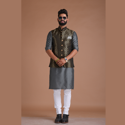 Booti Pattern Black color Royal Half Jodhpuri Jacket With Kurta Pajama Set