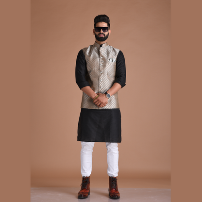 Booti Pattern Brocade Silk Half Jodhpuri Jacket With Kurta Pajama