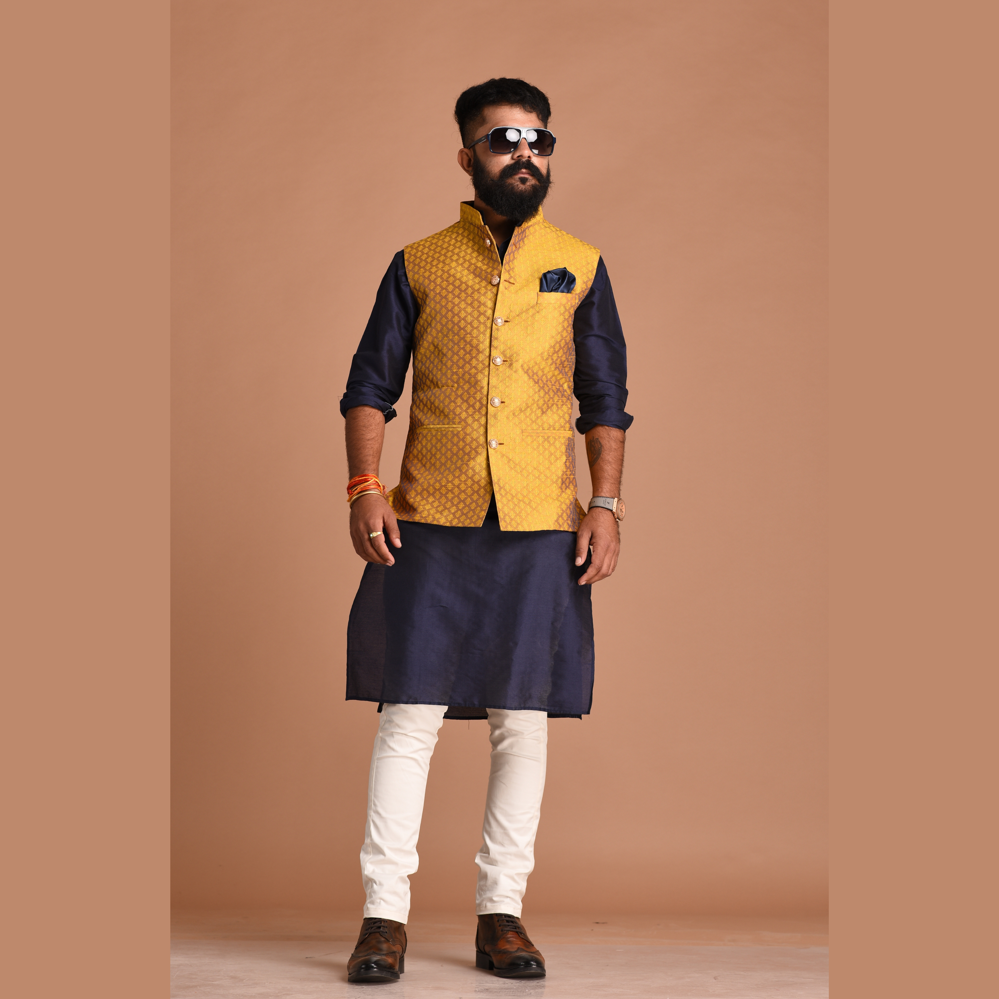 Linen Nehru Jacket with Black Silk Kurta & Black Bottom – archerslounge