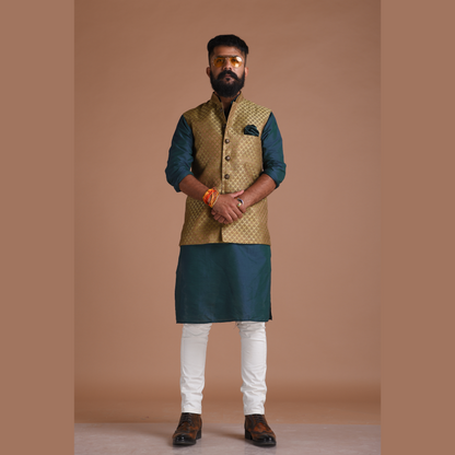 Brocade Dark Brown Nehru Jacket with Kurta Pajama