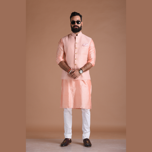Alluring Pink Embroidered Half Jodhpuri Jacket with Kurta Pajama Set