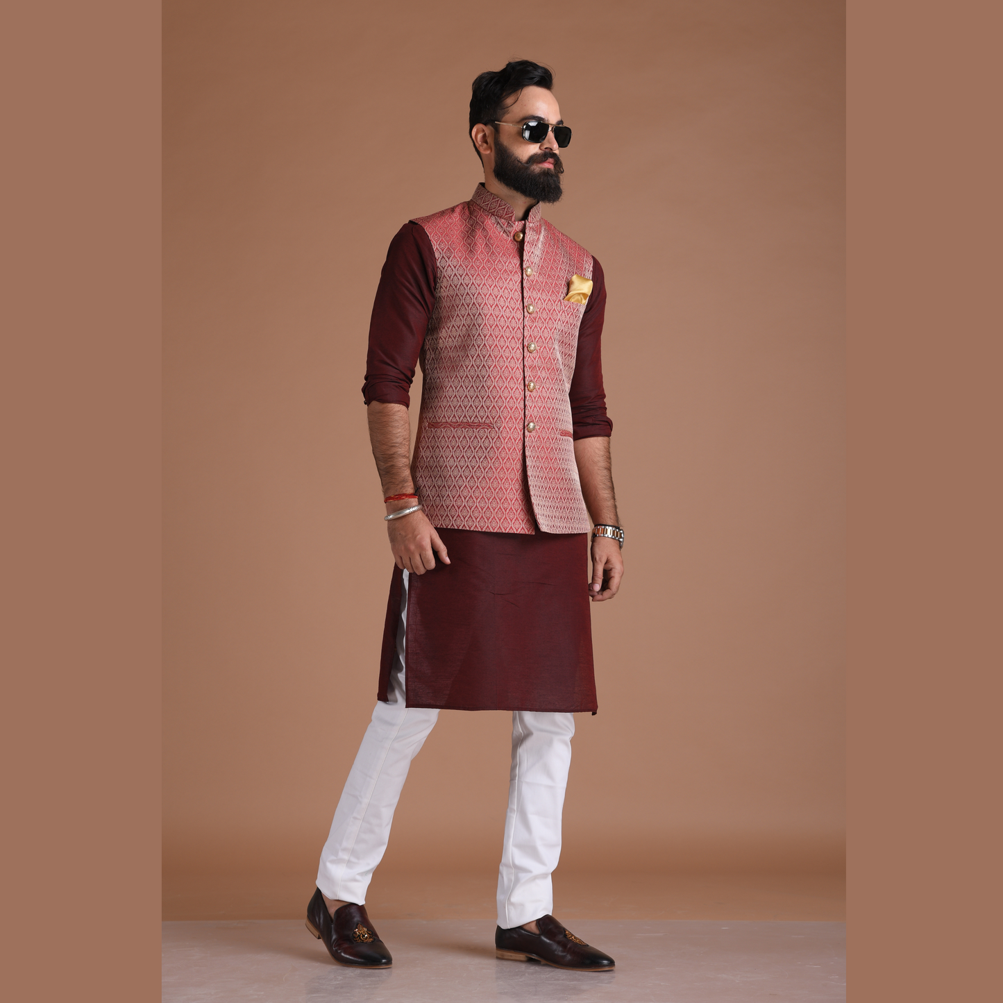 Dark Red Handmade Brocade Half Jodhpuri Jacket With Kurta Pajama