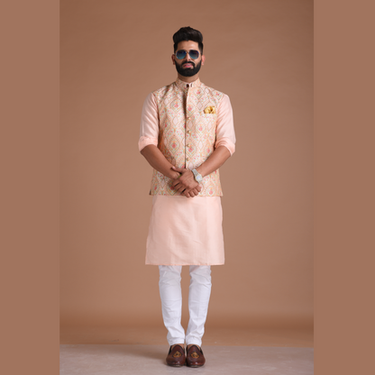 Elegant Banarasi Light Pink Color Half Jodhpuri Jacket With Silk Kurta Pajama Set