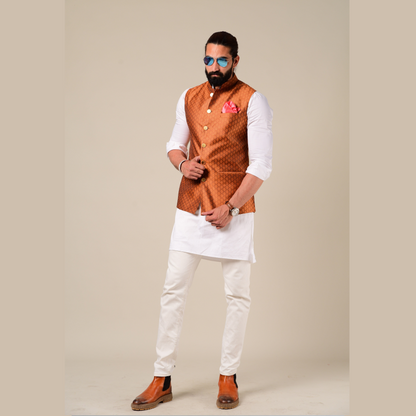 Elegant Bright Rust Half Jodhpuri Jacket With Kurta Pajama Set