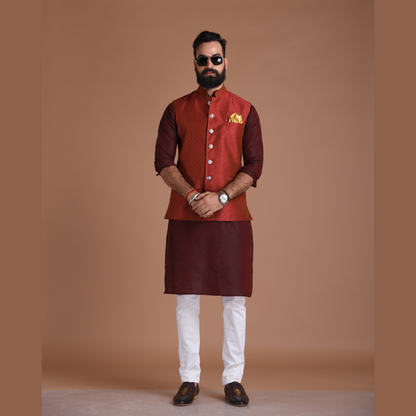 Embroidered Pattern Dark Red Half Jodhpuri Designer Jacket With Kurta Pajama