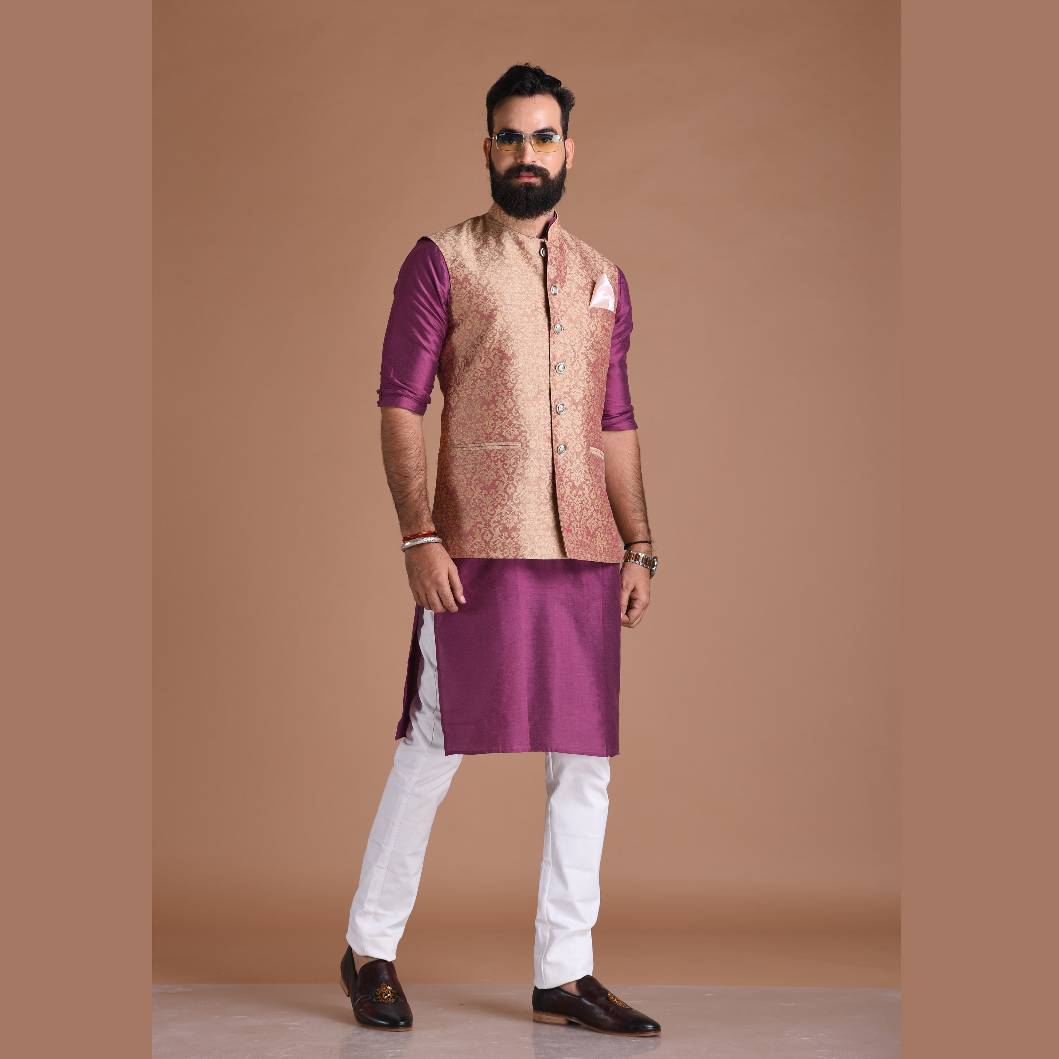 Men's Silk Blend Light grey Embroidered Kurta & Self Design Nehru jacket  With White Churidar Set