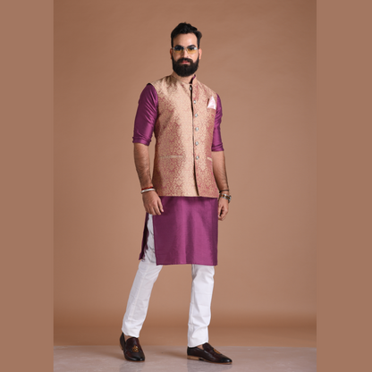 Floral Pattern Purple Half Jodhpuri Jacket With Kurta Pajama Set