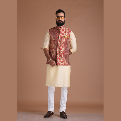 Floral Pattern Red Golden Half Jodhpuri Jacket with Kurta Pajama Set