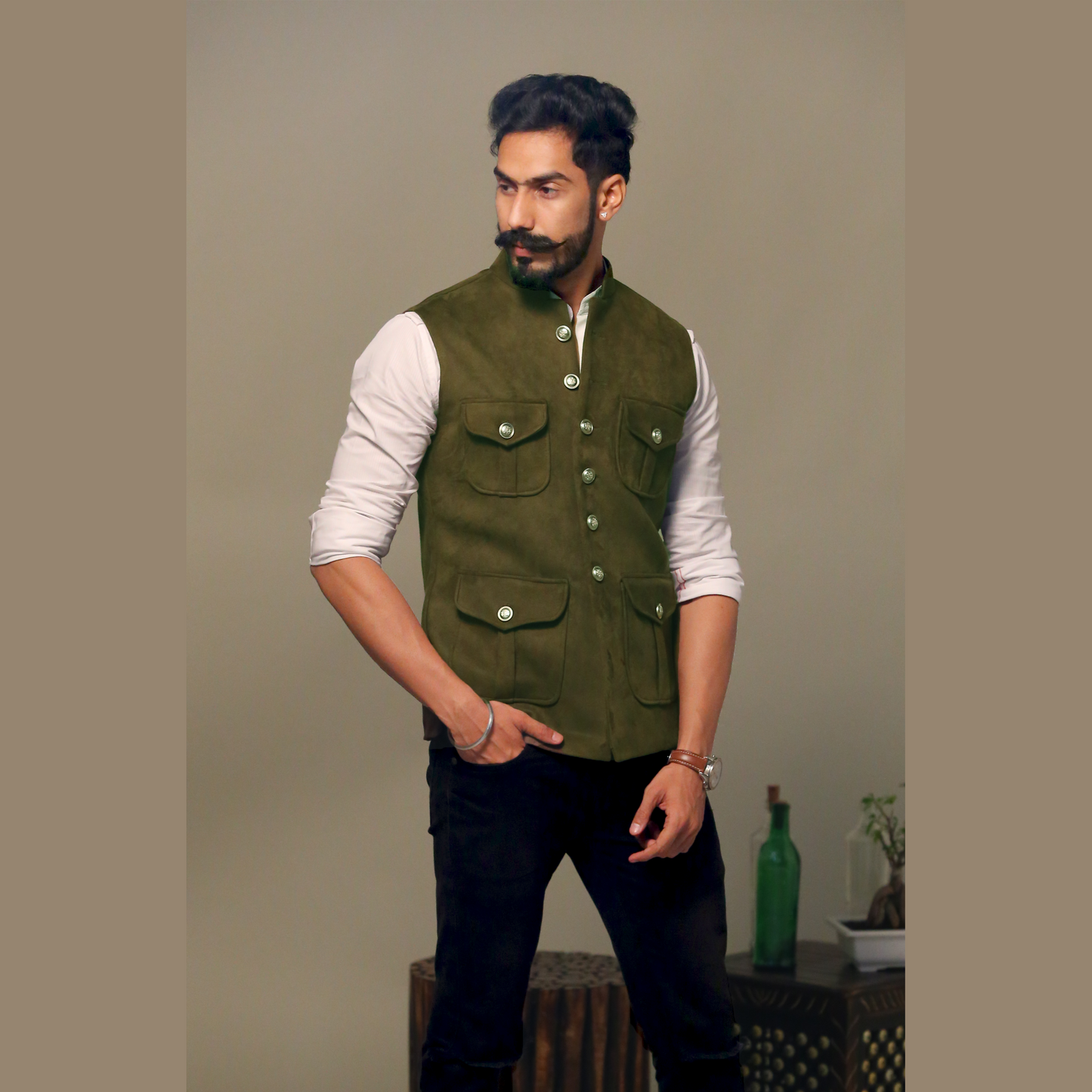 Four Pocket Half Jacket Olive Green in Premium Faux Suede Leather