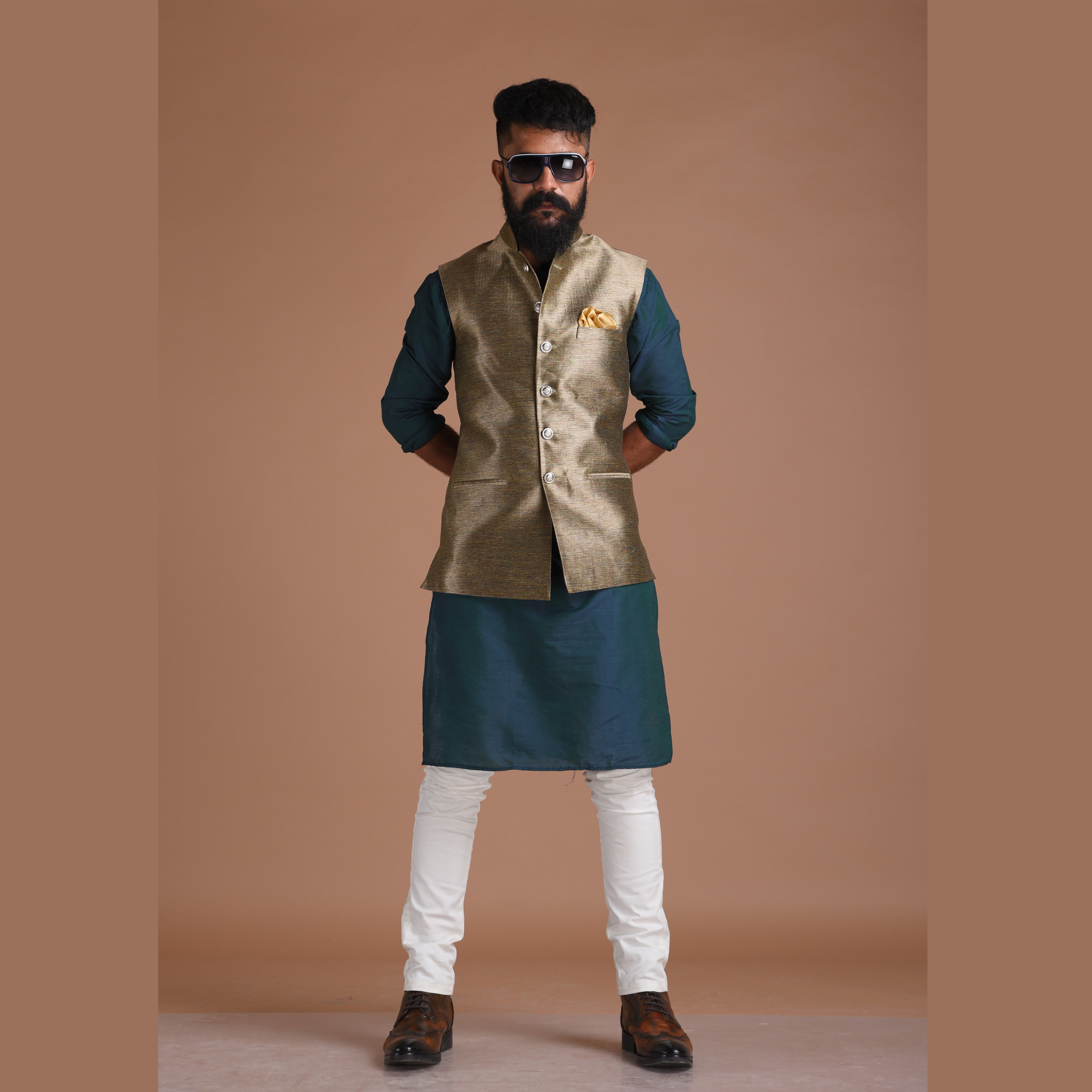 Golden Kurta Pajama With Woven Nehru Jacket 1007MW11