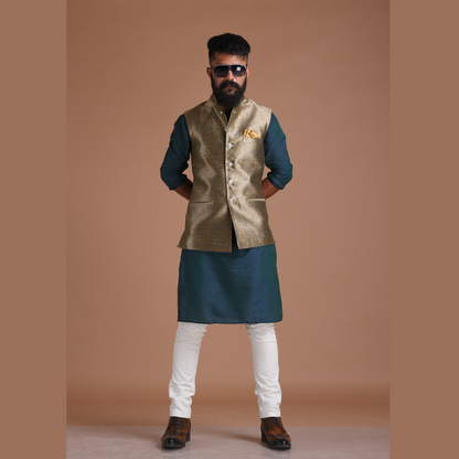 Golden Cyan Kim-Khab Half Jodhpuri Jacket with Kurta-Pajama Set