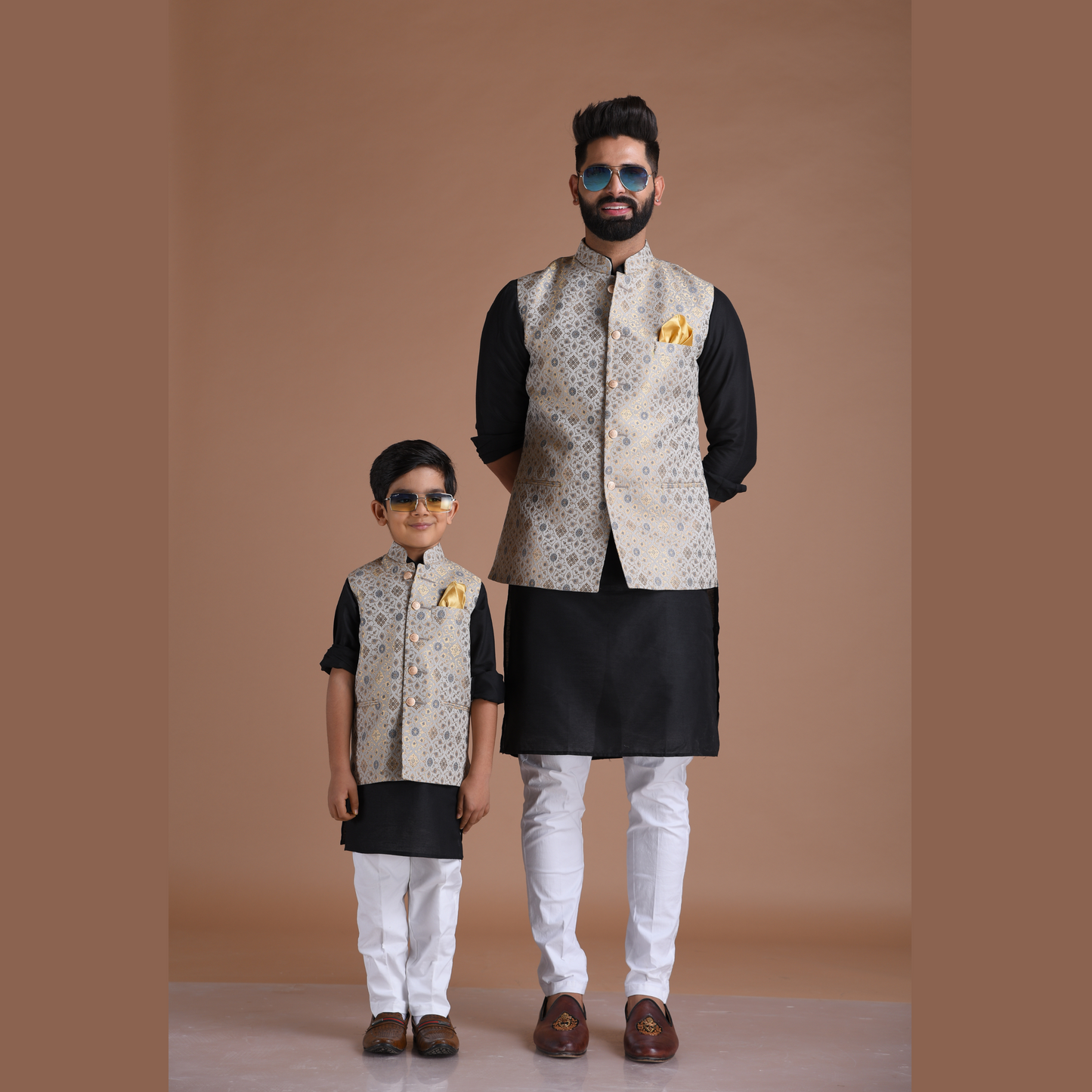 Greyish Blue Half Jodhpuri Designer Jacket With Silk Kurta Pajama Set