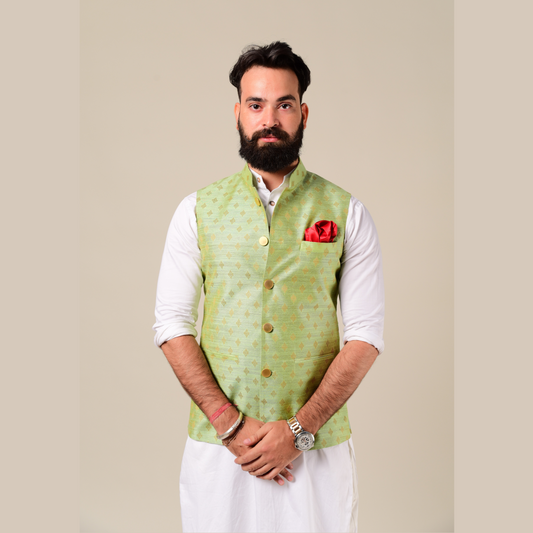Handmade Brocade Silk Green Color Nehru Jacket With Kurta Pajama Set