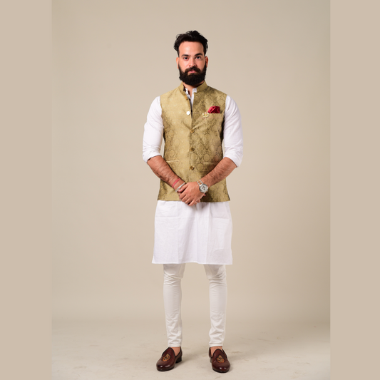 Handmade Royal Gold Kurta Pajama Nehru Modi Jacket Set