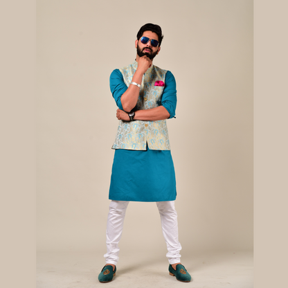 Handmade Sky Blue-Golden Brocade Silk Jodhpuri Half Jacket with Kurta Pajama Set