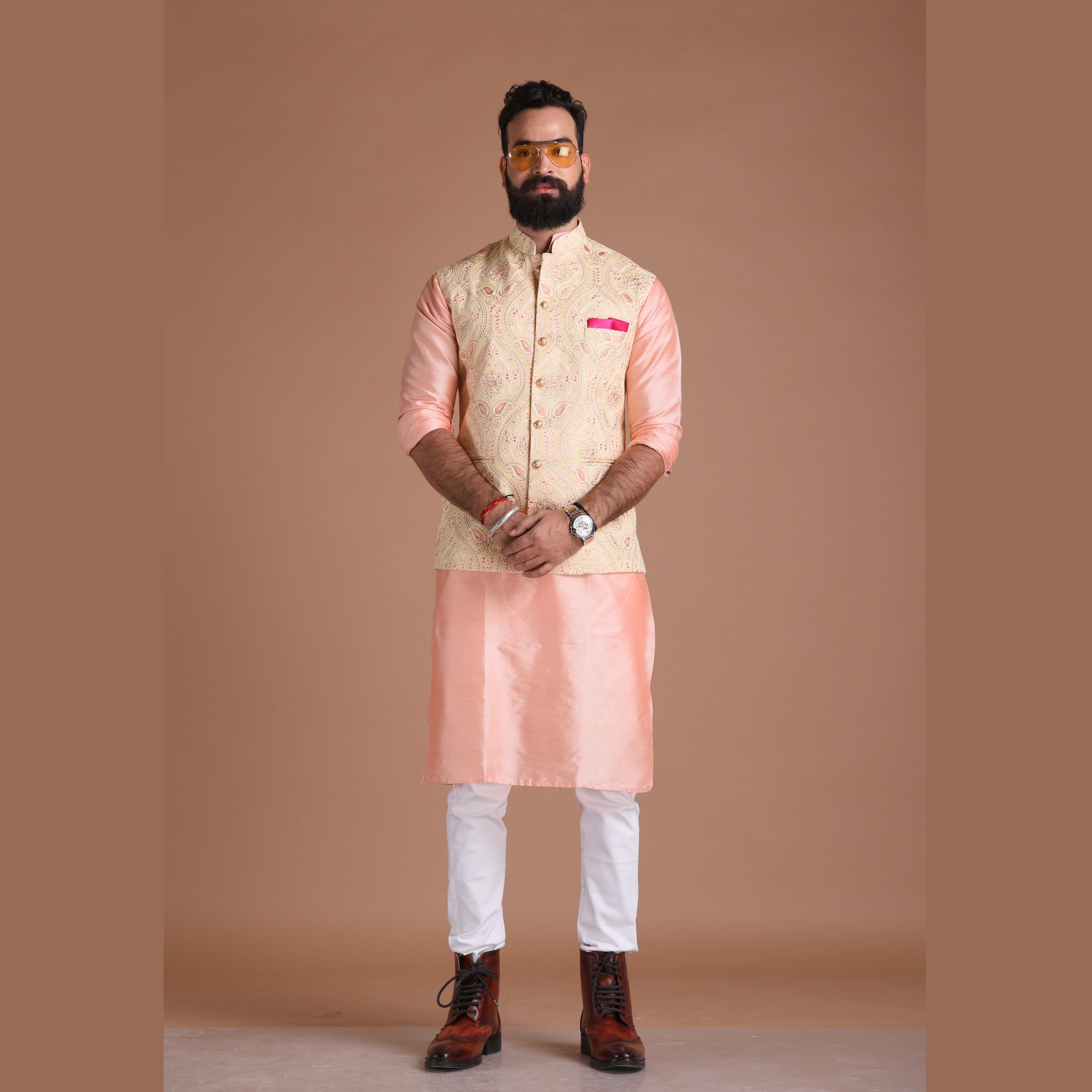 Light Brown Terry Rayon Nehru Jacket / Waistcoat For Men