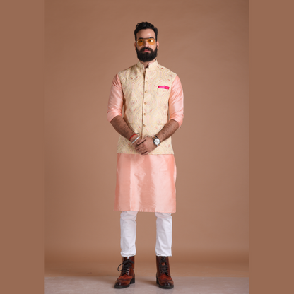 Heavy Lakhnawi Chikankaari  Cream Nehru Jacket With Silk Kurta Pajama