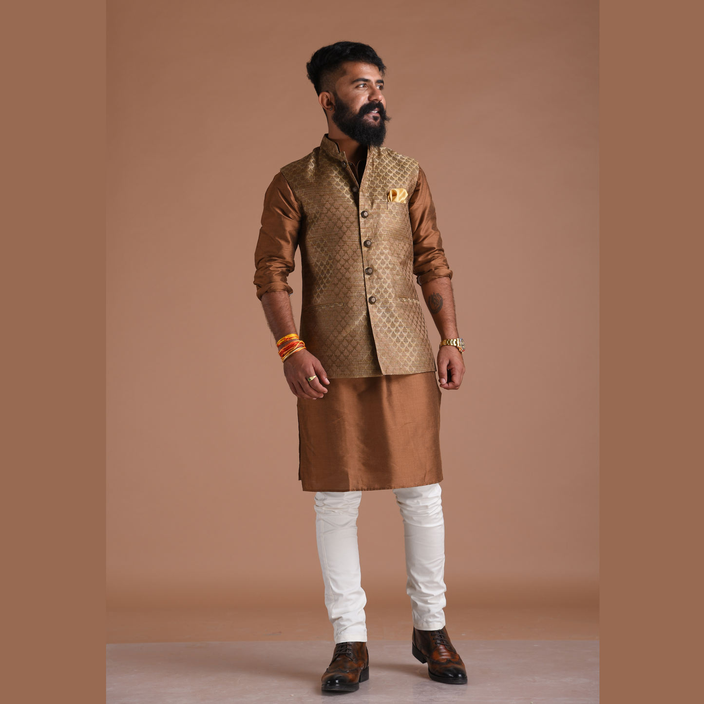 Jaipuri Booti Pattern Brown Half Jodhpuri Jacket with Kurta Pajama Set