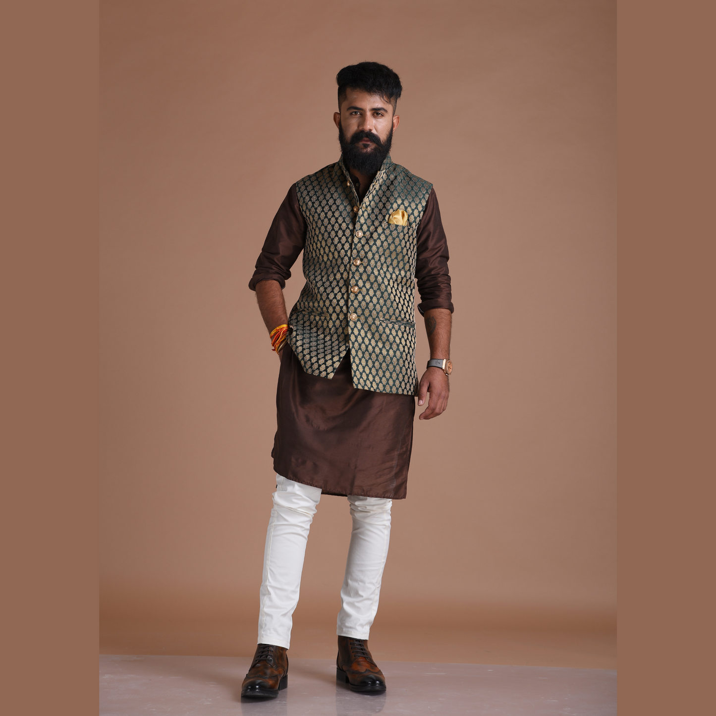 Jaipuri Booti Pattern Dark Green Brocade Silk Jacket with Kurta Pajama Set