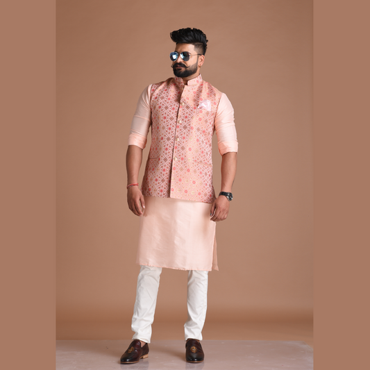 Jaipuri Floral Pattern Brocade Silk Pink Nehru Jacket With Kurta Pajama