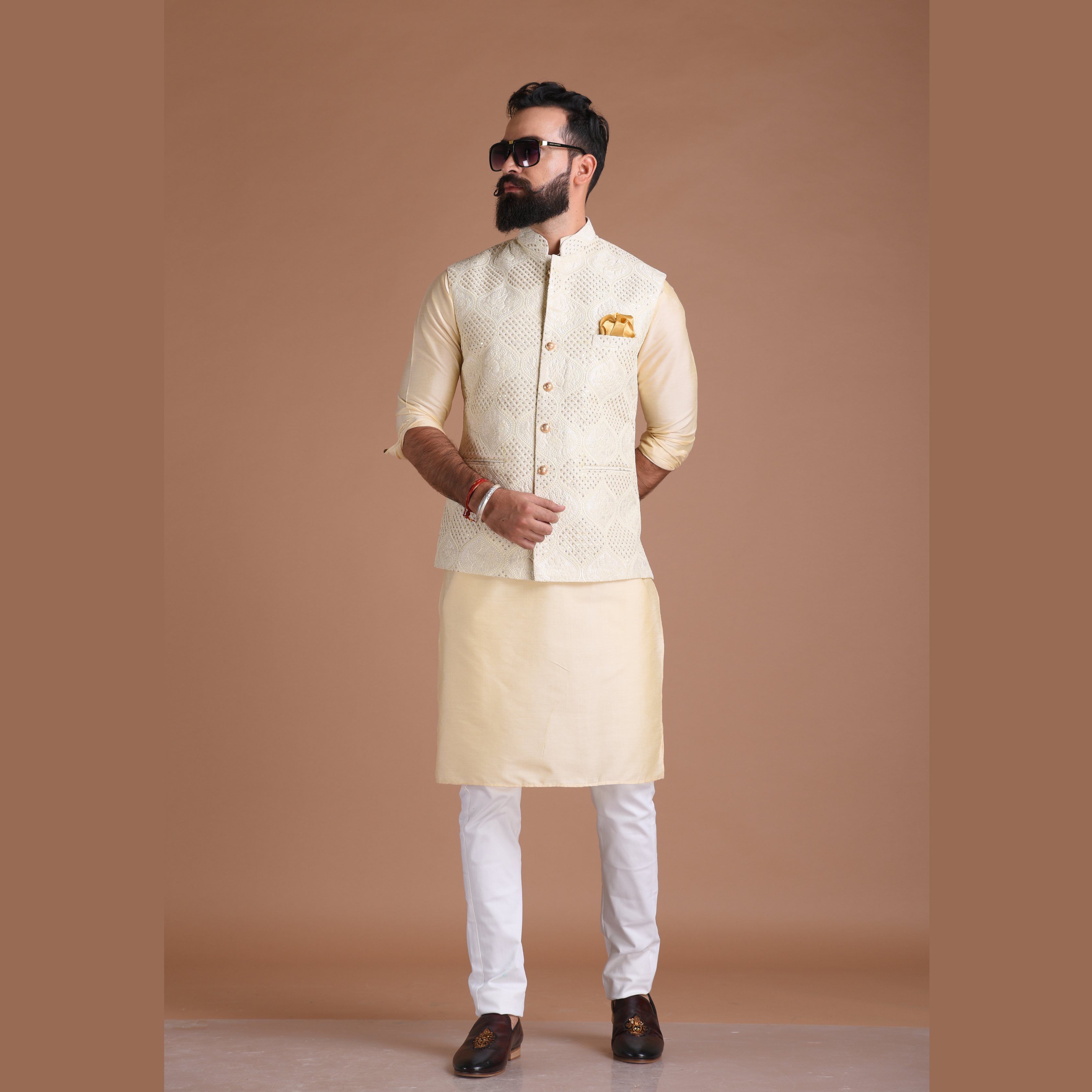 Heavy Lakhnawi Chikankaari Cream Nehru Jacket With Silk Kurta Pajama –  Rajanyas