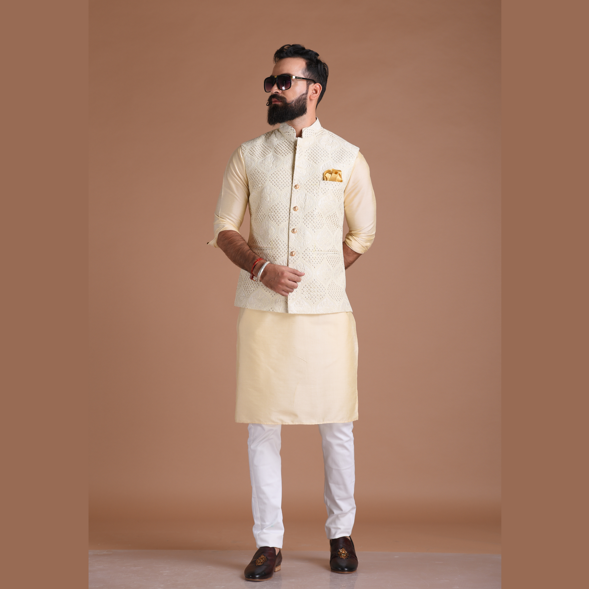 Lucknowi Heavy Chikankaari Off White Nehru Jacket With Kurta Pajama Set