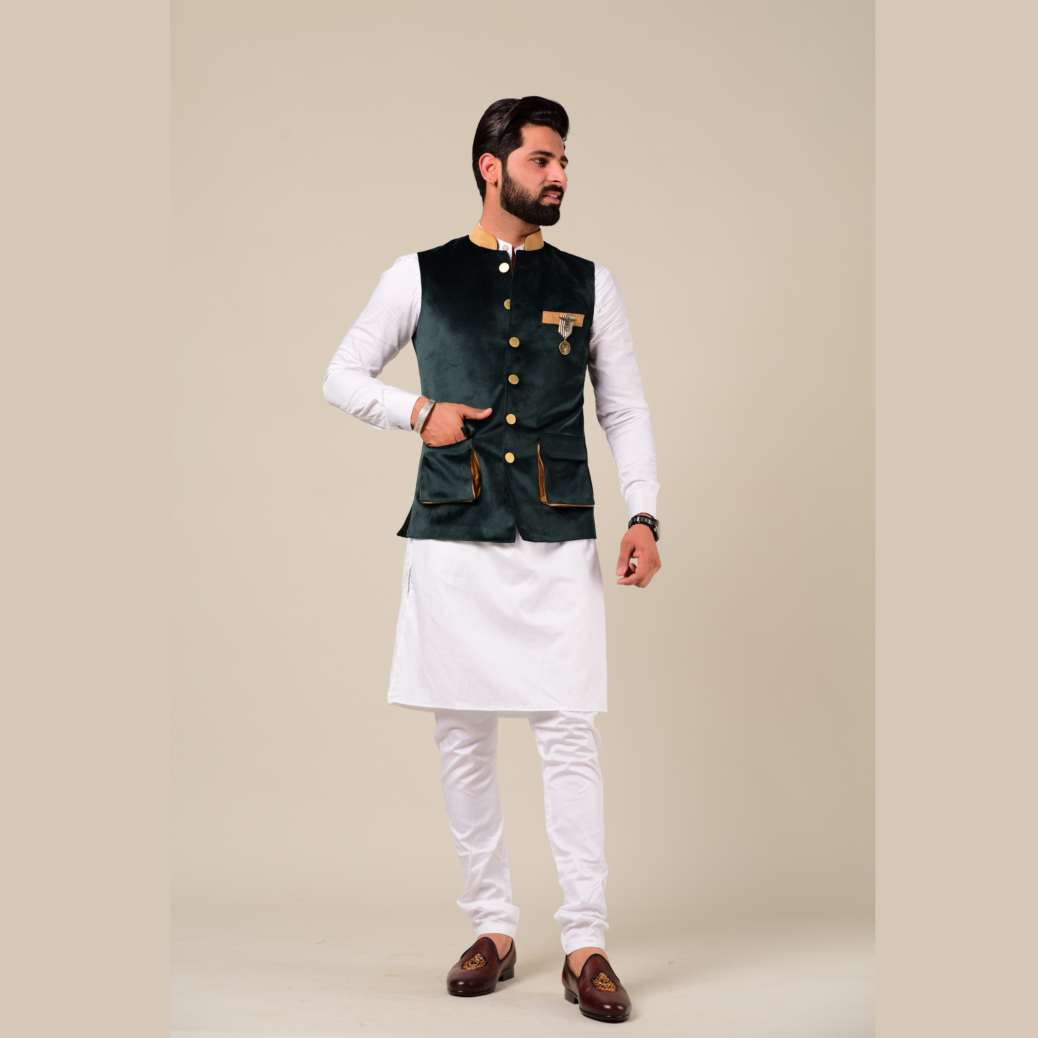 Orange Nehru Jacket And White Kurta Pyjama Baap Beta Set - Absolutely Desi