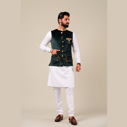 Modishly Styled Puff Pocket Green Velvet Nehru Jacket with White Kurta Pajama